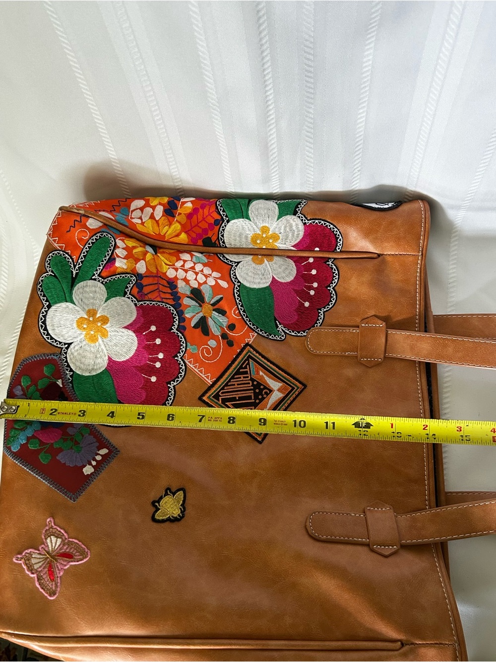 Plunder Tote Bag Camel Brown Faux Leather Multicolor Floral Bee Butterfly Patch - Picture 14 of 15